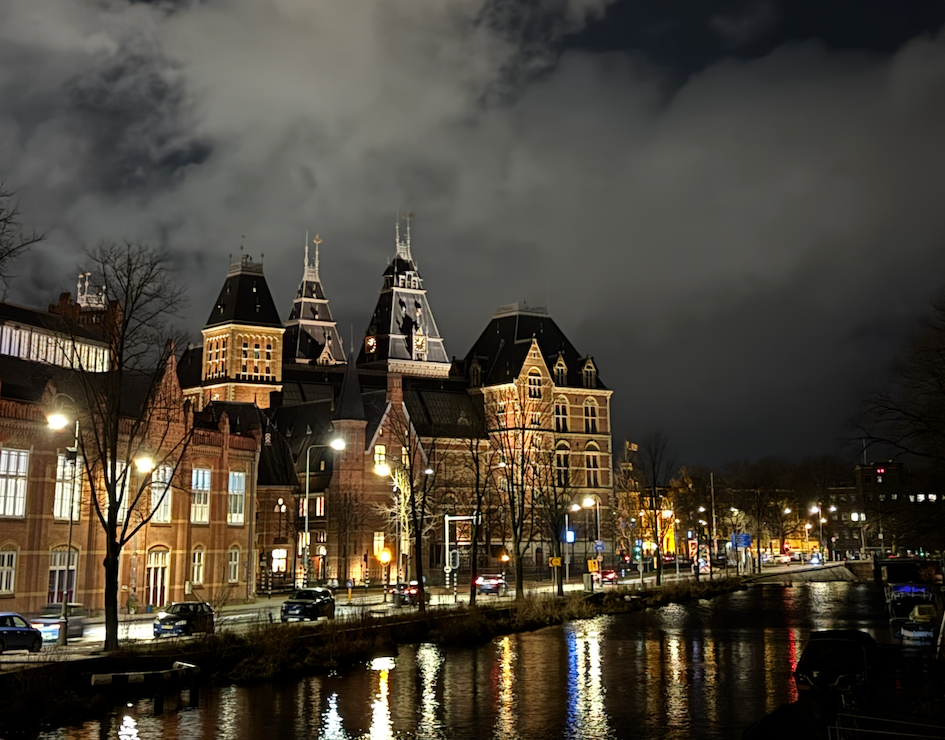 Photograph of Amsterdam, the Netherlands, at night.
